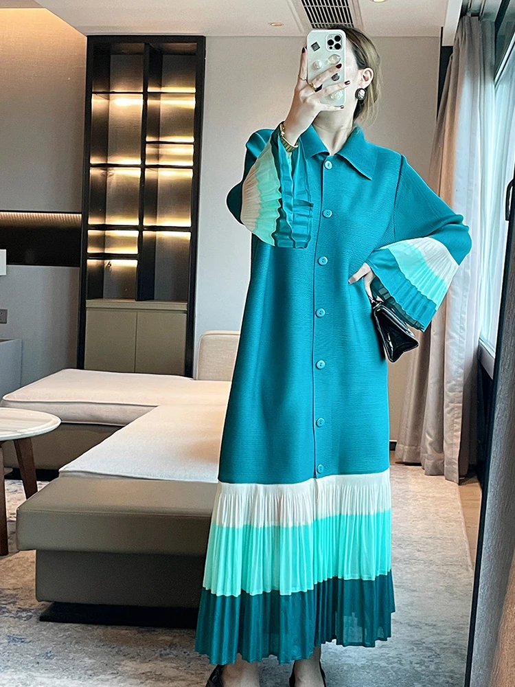 LANMREM Pleated Long Dress For Women Lapel Flare Sleeves Single Breasted Color Block Patchwork Elegant Clothing 2023 New 2DA2037