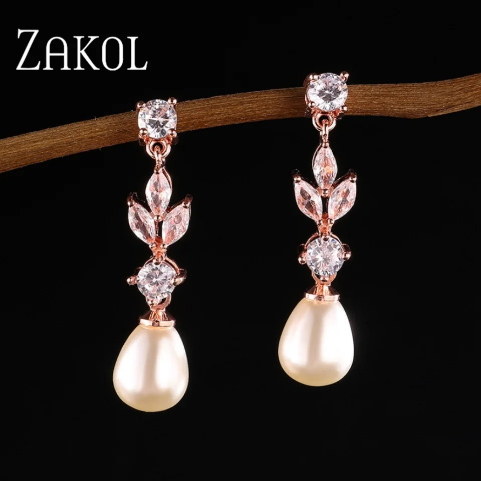 ZAKOL Fashion Marquise Cut Cubic Zircon Dangle Earrings for Women Imitation Pearl Leaf Wedding Jewelry Factory Price FSEP2179