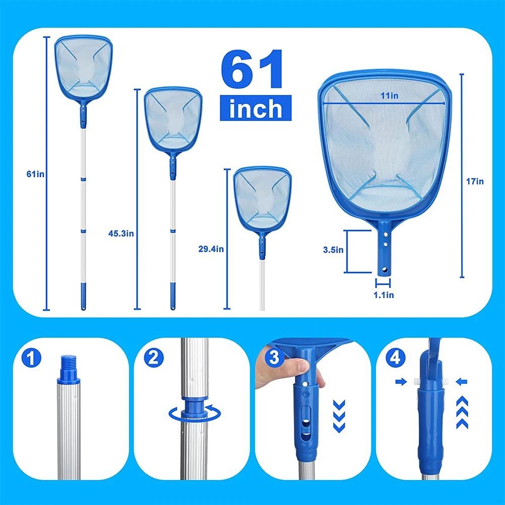 Pool Skimmer Strainer with Telescopic Aluminum Rods and Nylon Medium and Fine Mesh Cleaning Tools for Removing Leaves and Debris