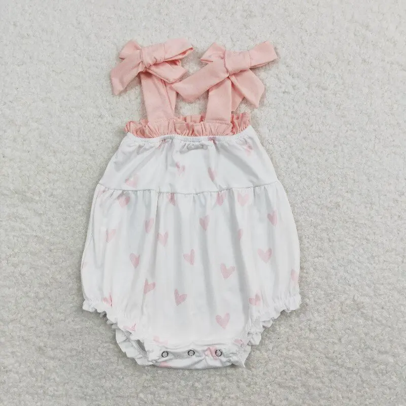 

12.5y SR0731 Baby Girl Romper Valentine's Day Heart Pink and White Bow Strappy rompers