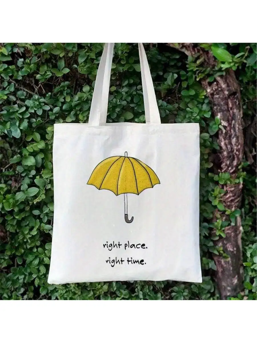 

Yellow Umbrella Right Place Right Time Tote Bag Cotton Canvas Casual Everyday Carryall For Women