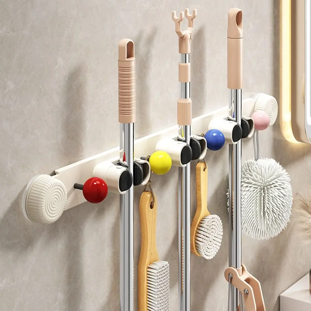 

Creative Non Punching Suction Cup Mop Clamp Space-saving Reusable Mop Broom Hanger Wall Mounted with Hook Mop Holder Kitchen