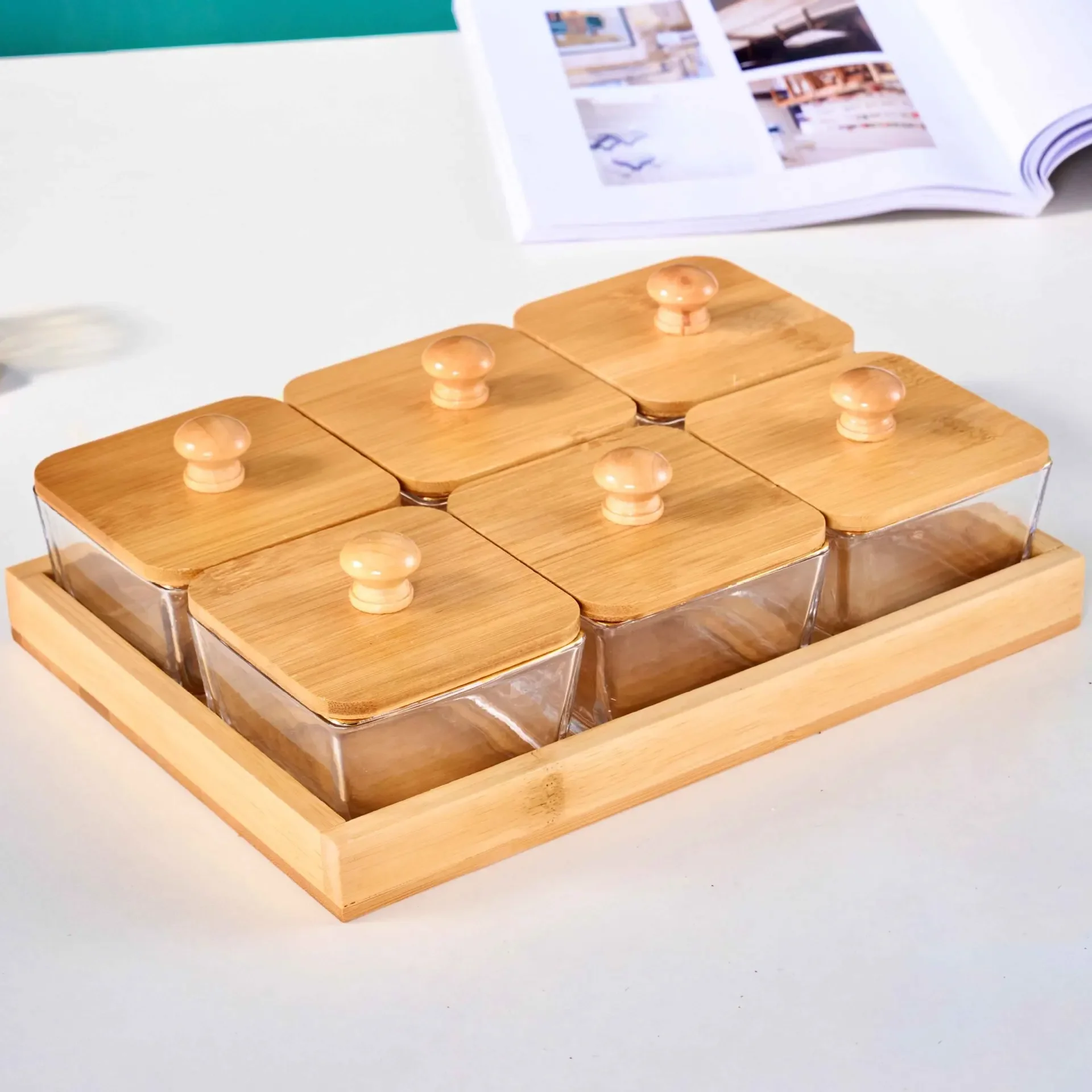 Creative Bamboo Wood Glass Divided Fruit Plate Breakfast Seasoning Dish Square Candy Biscuit Storage Plate Home Decoration New