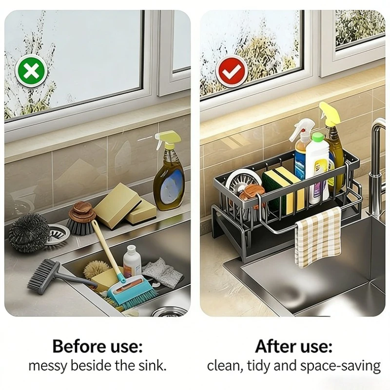 1PC Kitchen Sink Storage Rack with Drainage Tray Dish Soap Sponge Drainage Shelves Space-Saving Kitchen Accessories Organizer