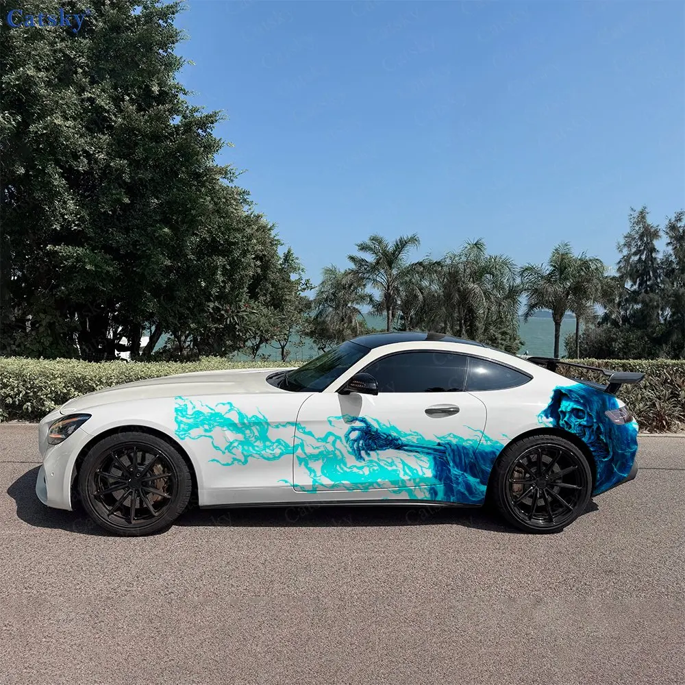 2pcs Reaper Skull Spreading Blue Fire Car Side Wraps, Self-Adhesive PVC Waterproof & Scratch-Resistant Stickers, Car Accessory