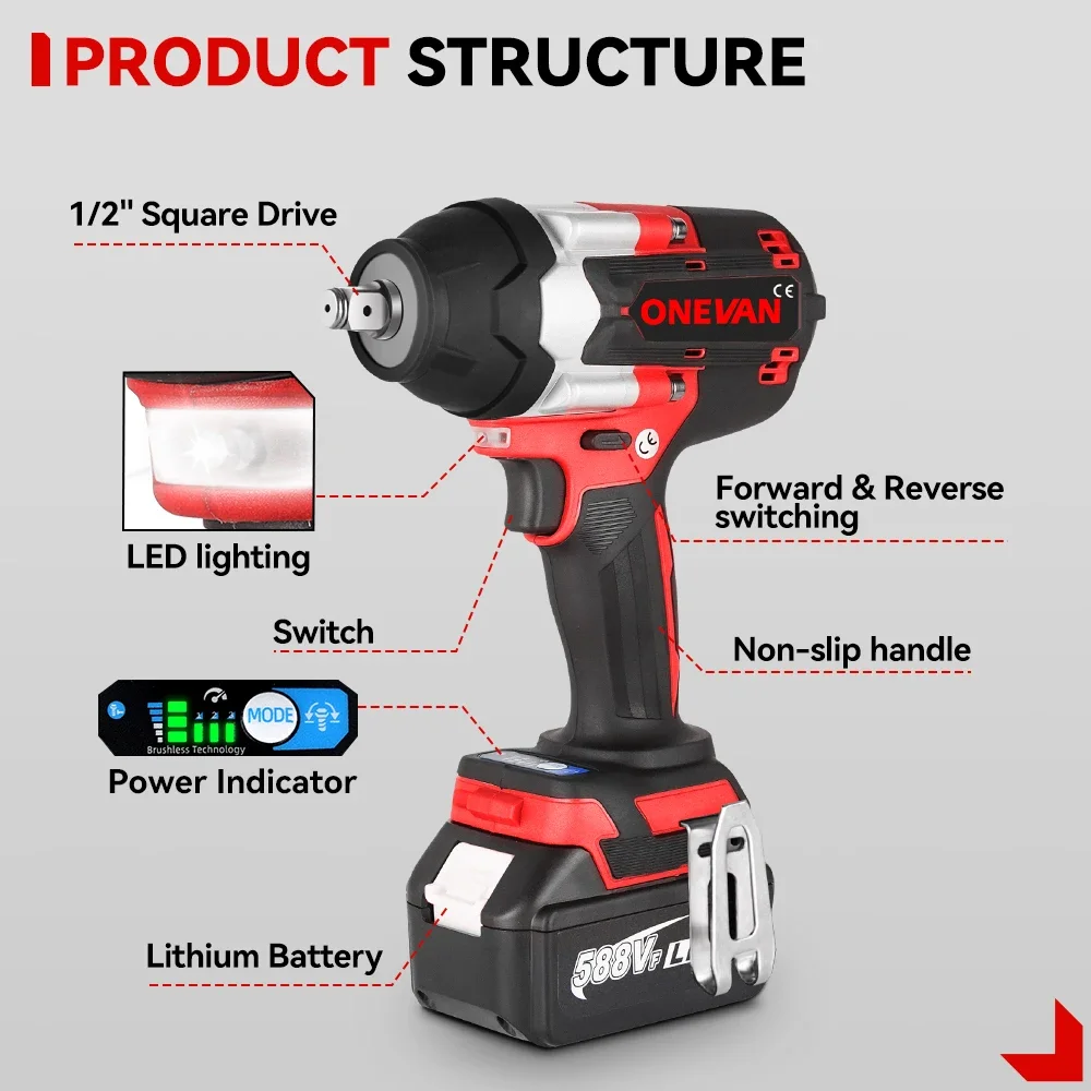 ONEVAN 1800 N.M Torque Brushless Electric Wrench Driver Cordless Impact Wrench Battery Drill Power Tools For Makita 18V Battery