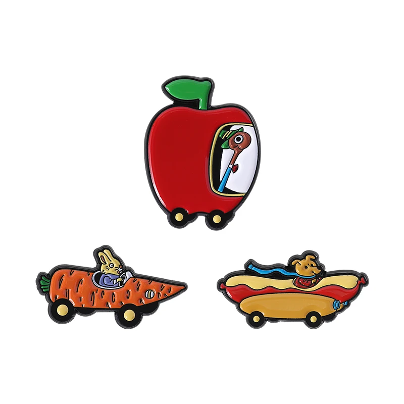 

Cartoon Animated Movies Role Brooch Enamel Pins Creative Rabbit Drives Carrot Cart Worm Drives Apple Cart Brooch Lapel Badge Pin