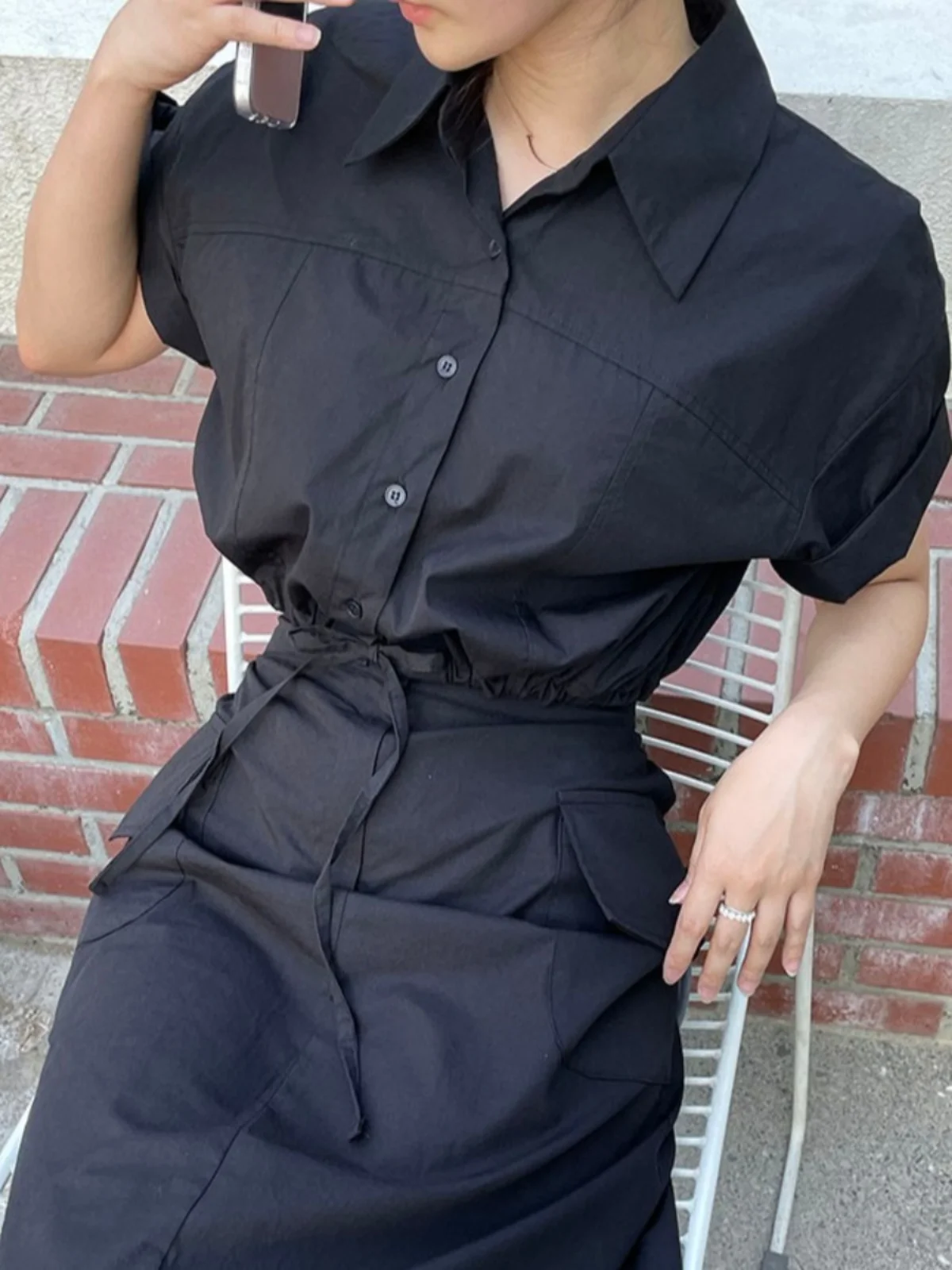 

Women's ort Sve irt Top with Dstring Waist Cuffed Hem ket Detail Cotton Commute Sle High Waist ort Length