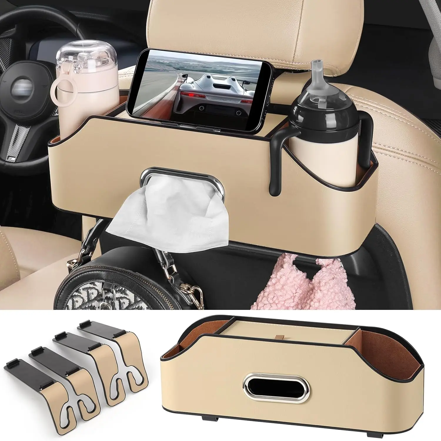 

Car Seat Back Box Leather Rear Backseat Organizers Extra Multifunctional Drink Cup Phone Holder With Tissue Storage Box W/ Hooks