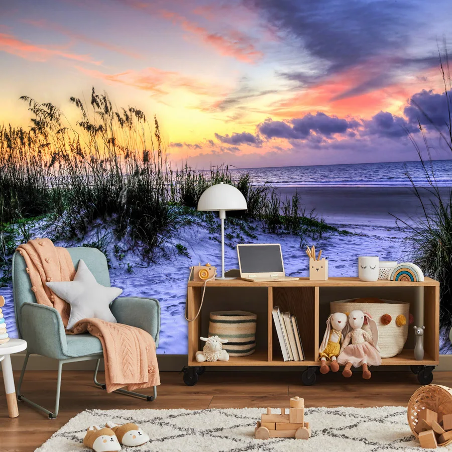20+ Waterproof Purple Stylish Sunset Beach Mural,Self Adhesive Optional,Wallpaper for Living Room Walls TV Home Decor Renovation