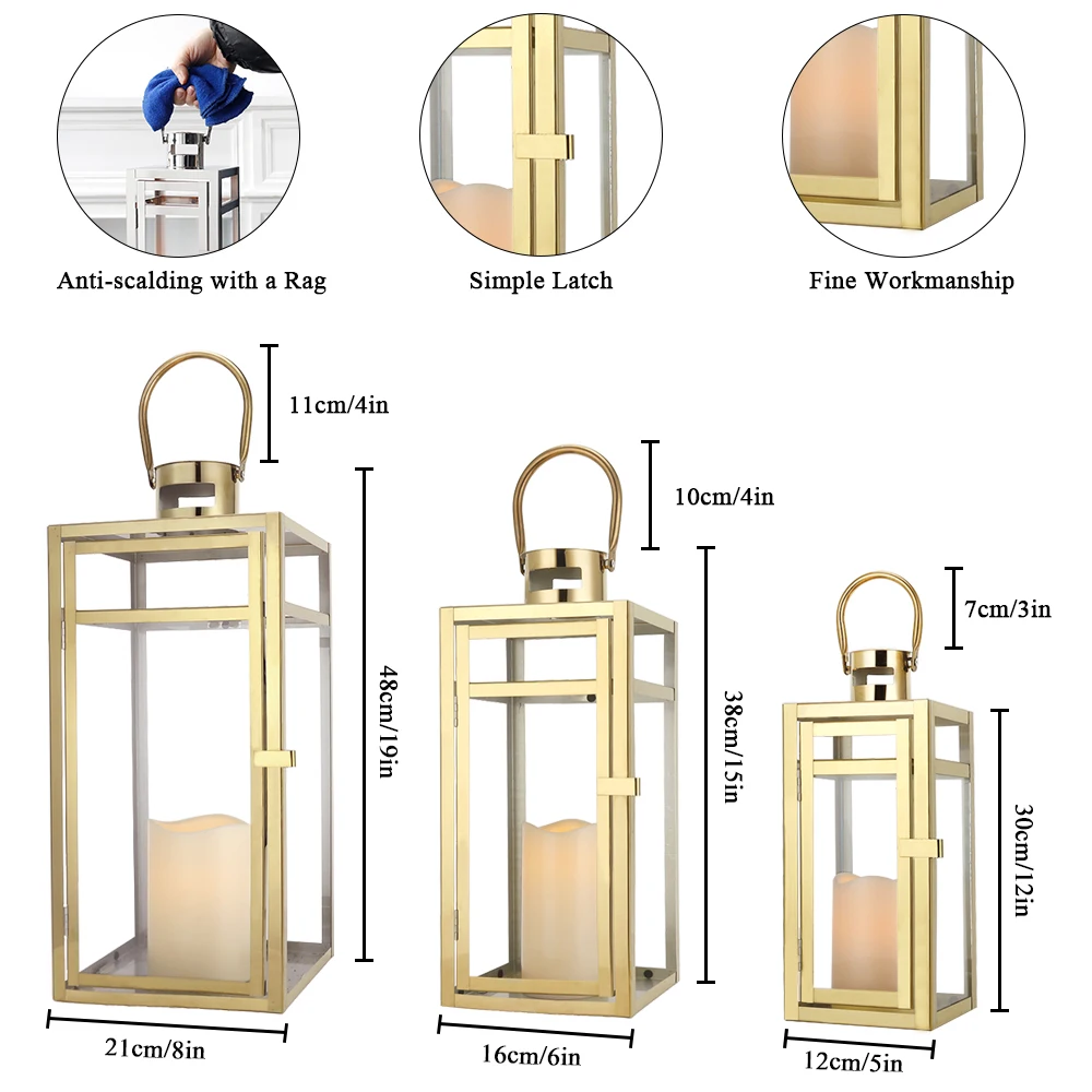 Elegant Gold Stainless Steel Lantern Set- 3 Sizes (12