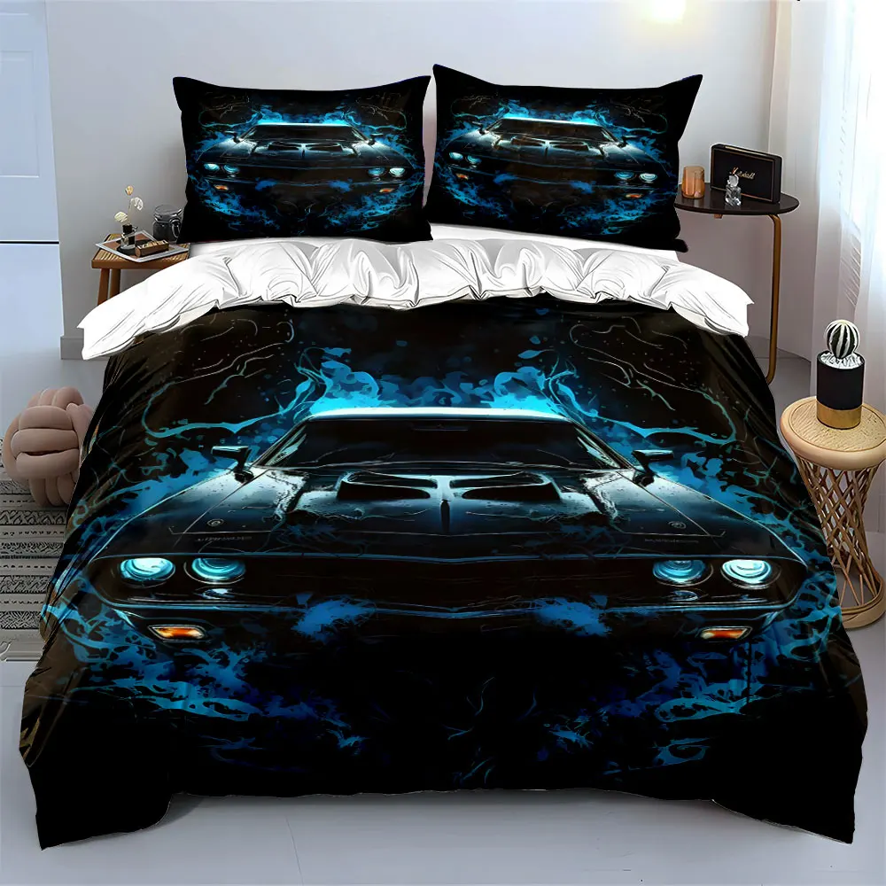 Cool Sports Car Blue Flame Pattern Bedding Set 1 Duvet Cover 2 Pillowcases for Adult and Children Luxury Gift Full Size
