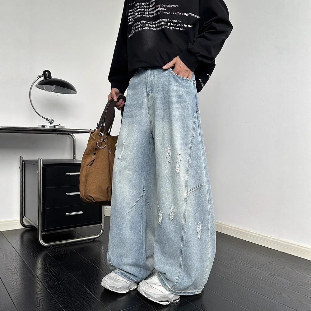 

Light Blue Ripped Machete Jeans Men's American Pants Straight Loose Wide-leg Pants
