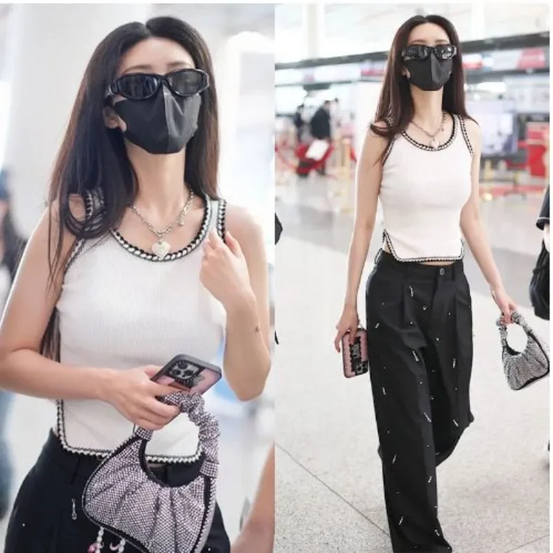 

Meng Ziyi в одном стиле, летняя новая мода, многоцветный вязаный топ без рукавов из ледяного шелка с разрезом по подолу