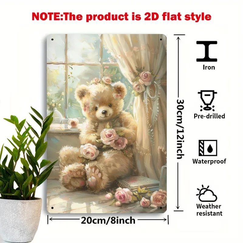 Vintage Floral and Plush Teddy Bear Metal Wall Art - 8x12 Inch Iron Sign for Living Room, Bedroom, or Porch Decor, Bear Home Dec