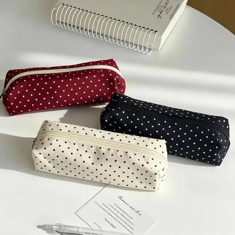 Canvas Polka Dot Pencil Case Smooth Zipper Large Storage For School Students Office Use