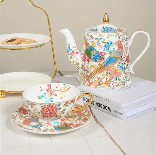 Embroidered coffee cup and plate set, English afternoon tea set, bone china cup, plate, spoon set, ceramic