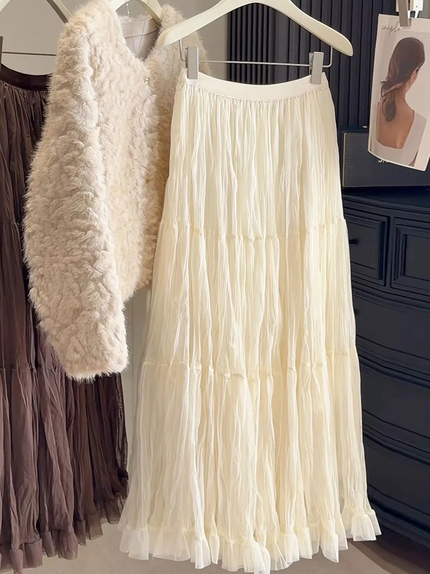 

Ele High Waist A-Line Skirt Spring Faion Me Layering Elastic Waist Women's Skirt Pure Color Korean Sle Commute
