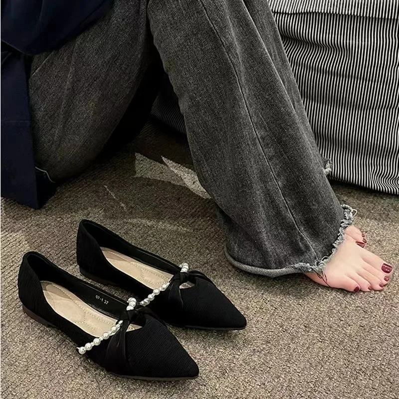 2023 Black Single Shoes Women's Spring and Autumn Soft Bottom Shoes Autumn Pointed Toe Flat Bottom Slip-on Ladies Shallow Mouth