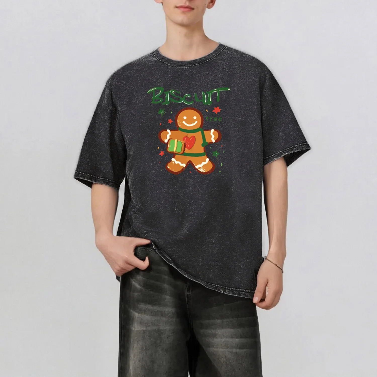 

Biscuit Pattern Rint Men's Summer Retro Style Washed Water T-Shirt Casual Short Sleeved Basic Men's Top 230G