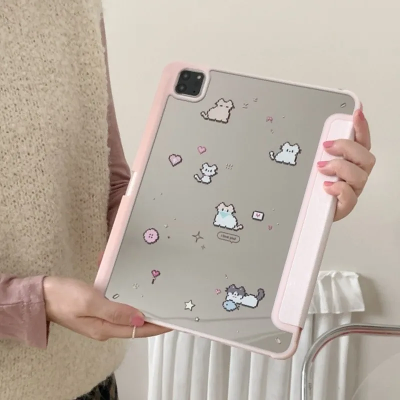 Tri-fold Mirror with Pencil Holder Cute Pixel Art Cat Tablet Case for iPad Mini 6 7 8.3in Air1 2 5 6 Pro 9.7in 2017-2018 Cover