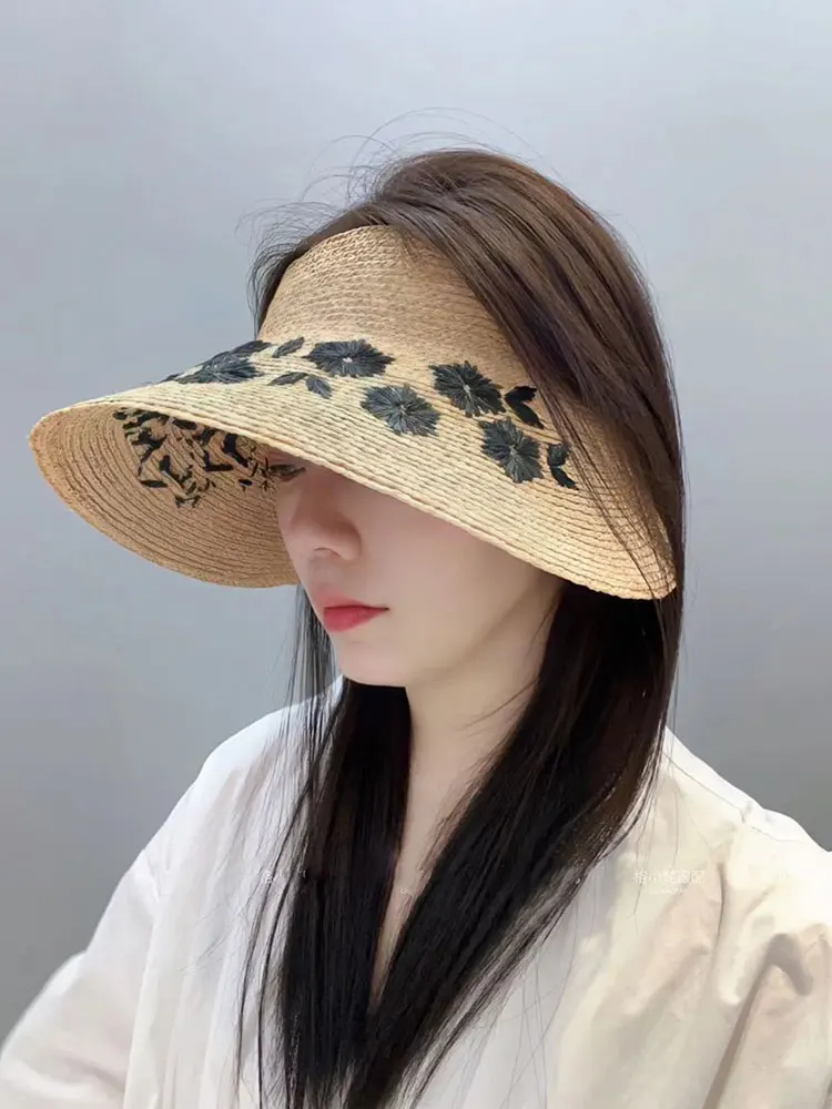 New Korean Fashion Empty Top Raffia Flower Embroider Straw Hats Women Holiday Casual Sun Hat High Quality Sombrero Mujer Playa