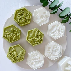 4Pcs/Set 50-63g Hexagon Chinese Flower Mooncake Mould For Mid-Autumn Festival 3D Lotus Flower Shape Baking Mold Hand Pressure