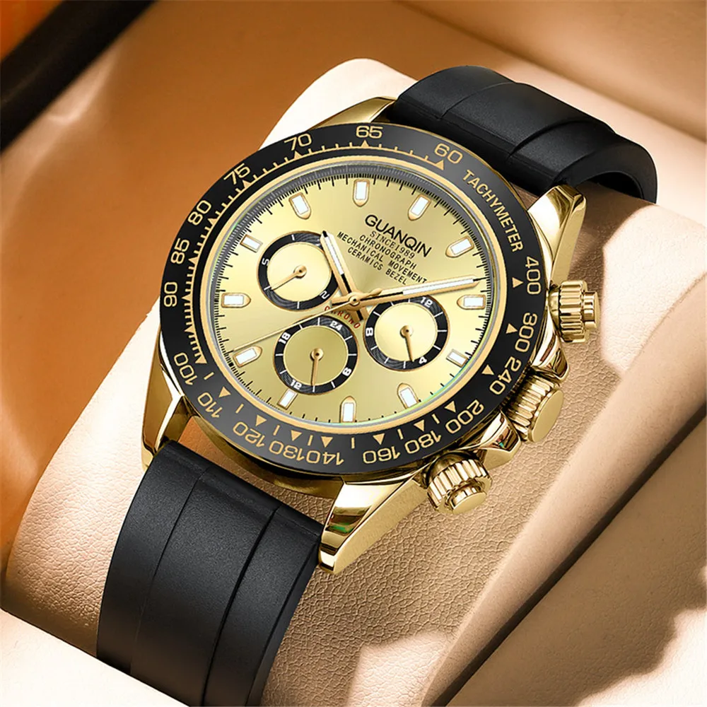 GUANQIN Men's Luxury Watch 100M Water Resistant Sapphire Crystal Luminous Automatic Mechanical Steel Wristwatch with Rubber Band