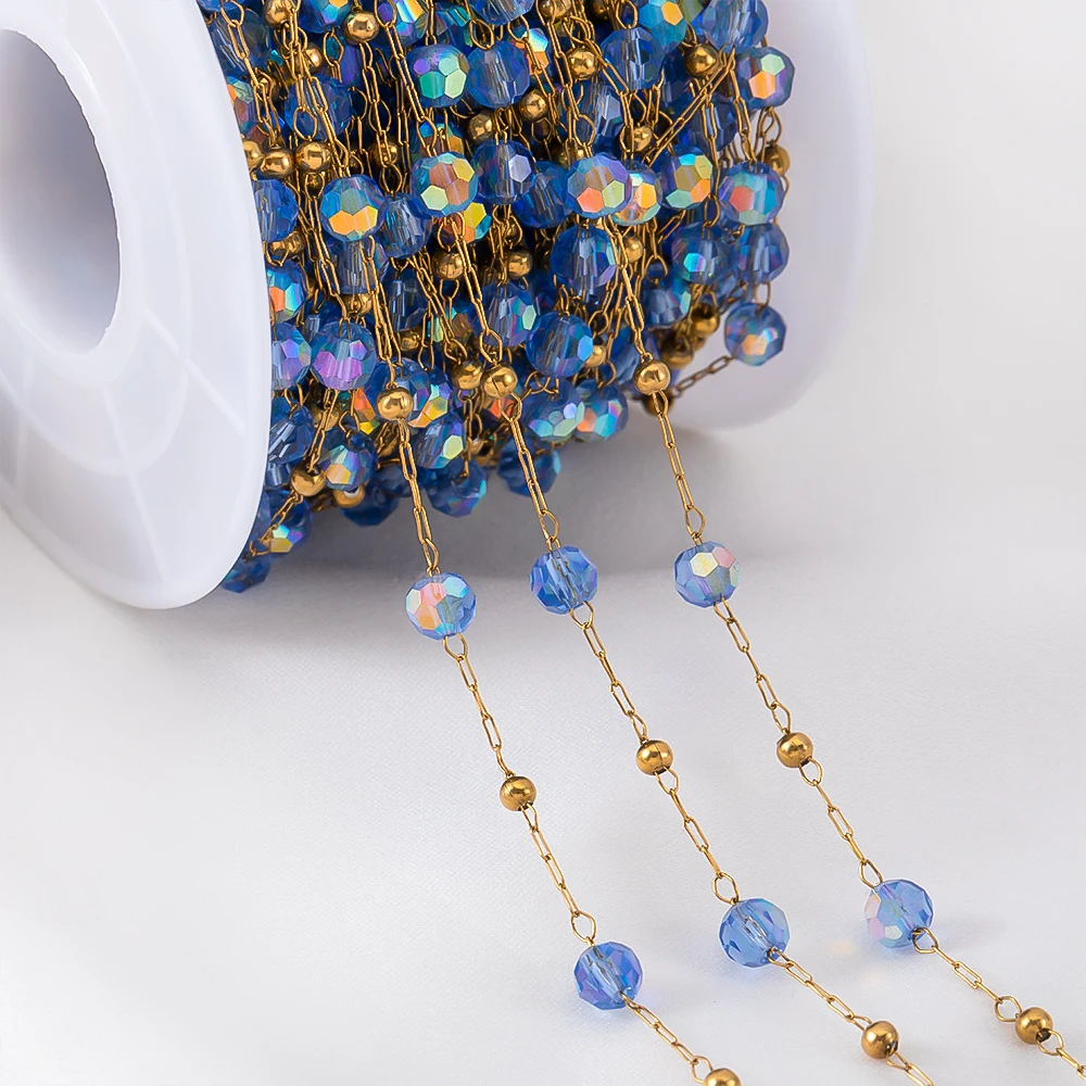 0.5meter 1meter Crystal Blue Stone Ball Stainless Steel Chain Tranparent Beads Chains for Necklaces Bracelets DIY Jewelry Making