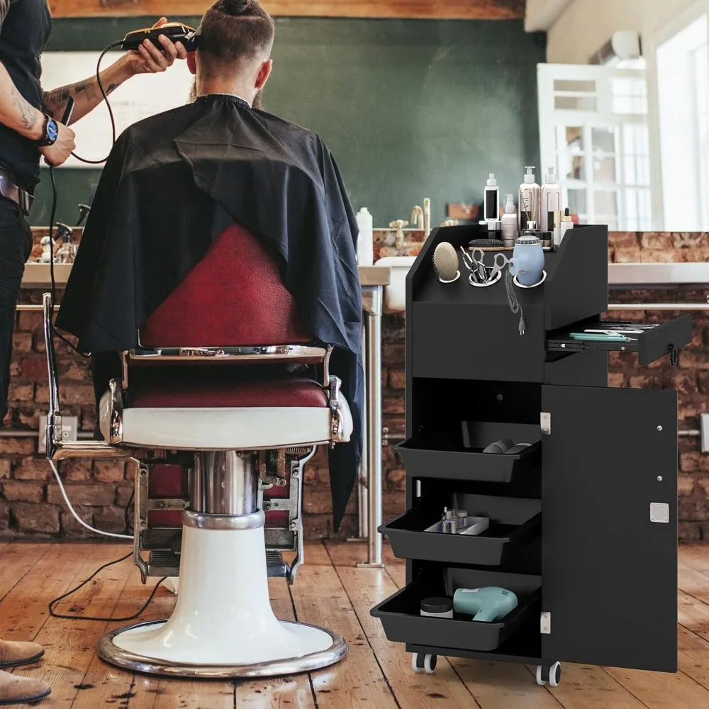 عربة صالون Giantex لمصففي الشعر، عربة ترولي خشبية قابلة للقفل على عجلات، خزانة تخزين ذات 3 أدراج، صينية أدوات جانبية، مجفف شعر #2