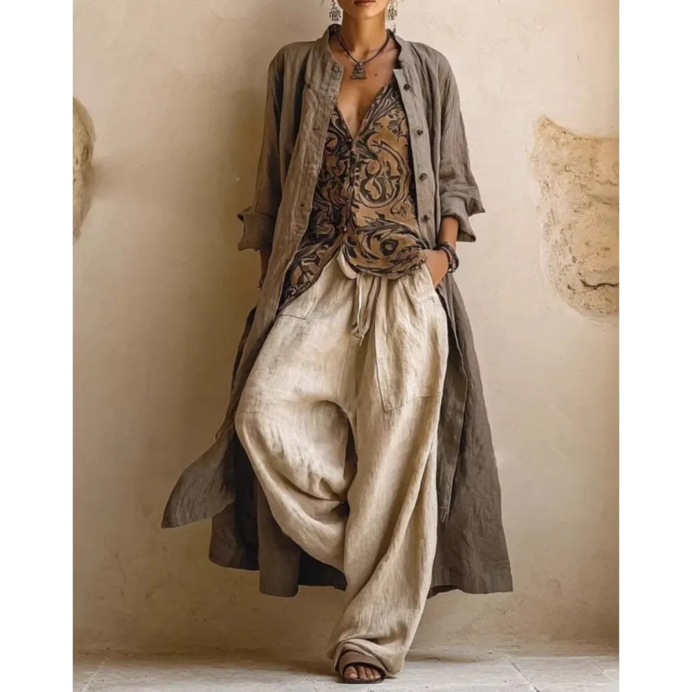 Image of Modischer Bedruckter Retro Langer Cardigan Mantel Hosen 3-teiliges Set Damen Neuer Lässiger Loser Mantel Weste + Weite Hose Damenanzug