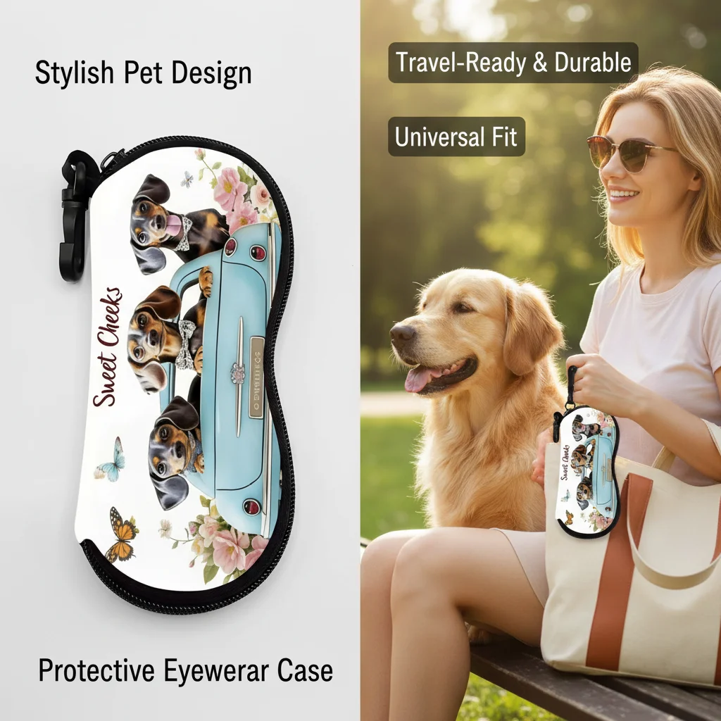 Cute Black Cat Dog Print Eyewear Case Portable Sunglasses Protector Bag with Keychain Hook Soft Leather Eyewear Box Pouch Gift