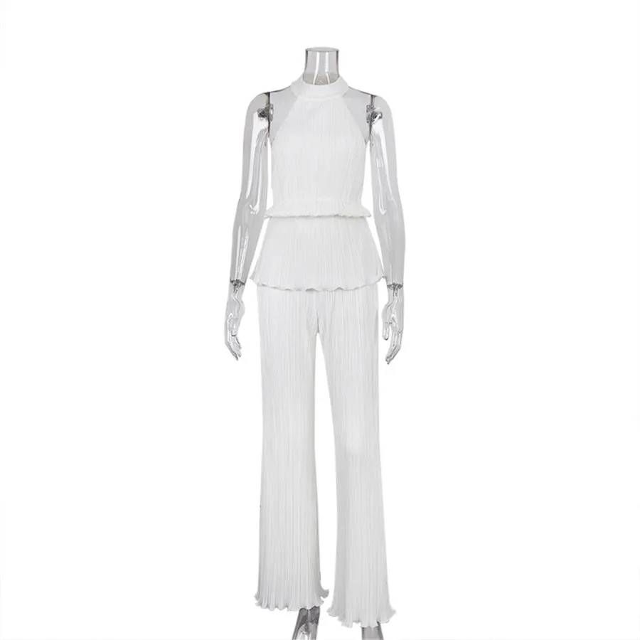 Sexy Backless Tank Top Set Woman 2 Piece Summer White Pleated Trouser Suits Female Elegant High Waist Wide Pants Set