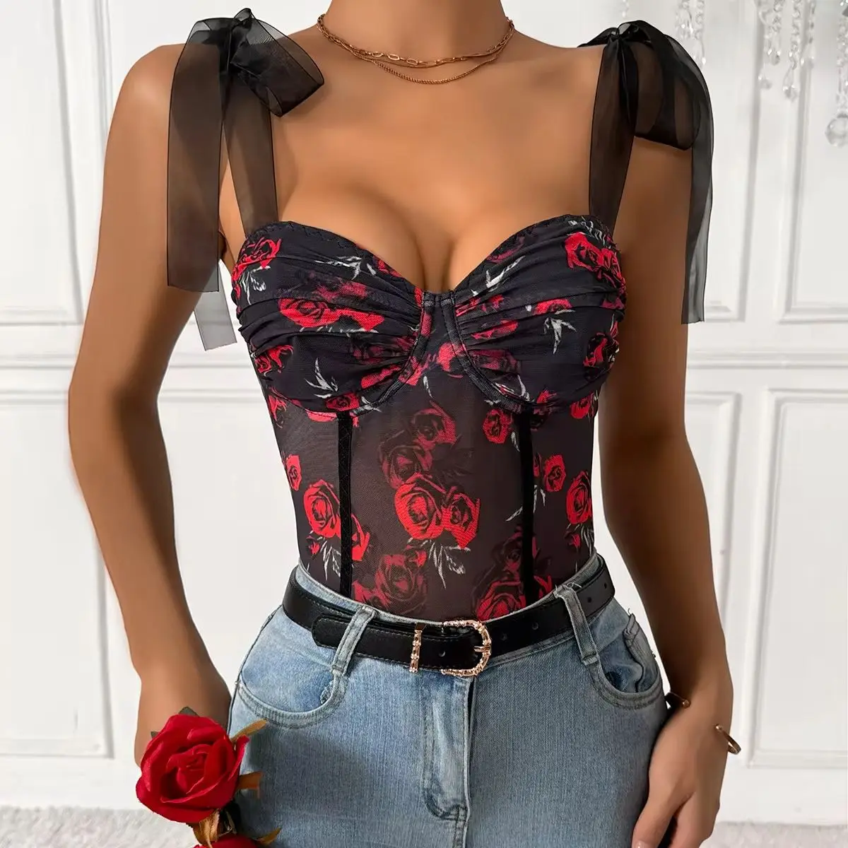 

Lace-up Bow Shoulder Straps Bodysuits Women Sexy Print Net Jumpsuit Shapewear Tank Tops Bodyshaper Nightclub Slim Sheer Lingerie