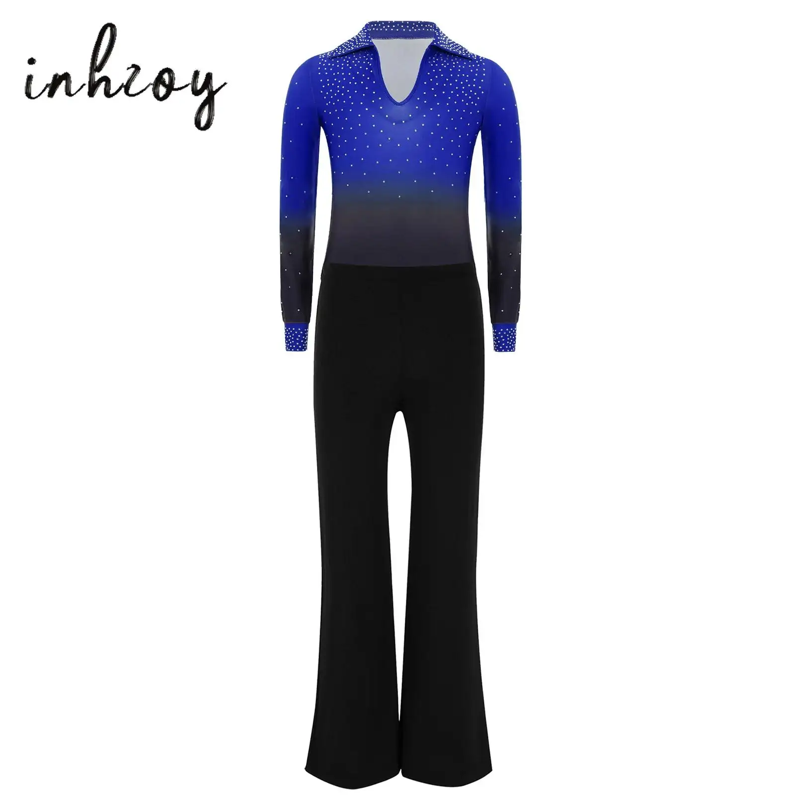 

2Pcs/Set Kids Boys Jazz Latin Dance Costume Turn-Down Collar Long Sleeve Shiny Rhinestones Gradient Color Leotard with Pants Set