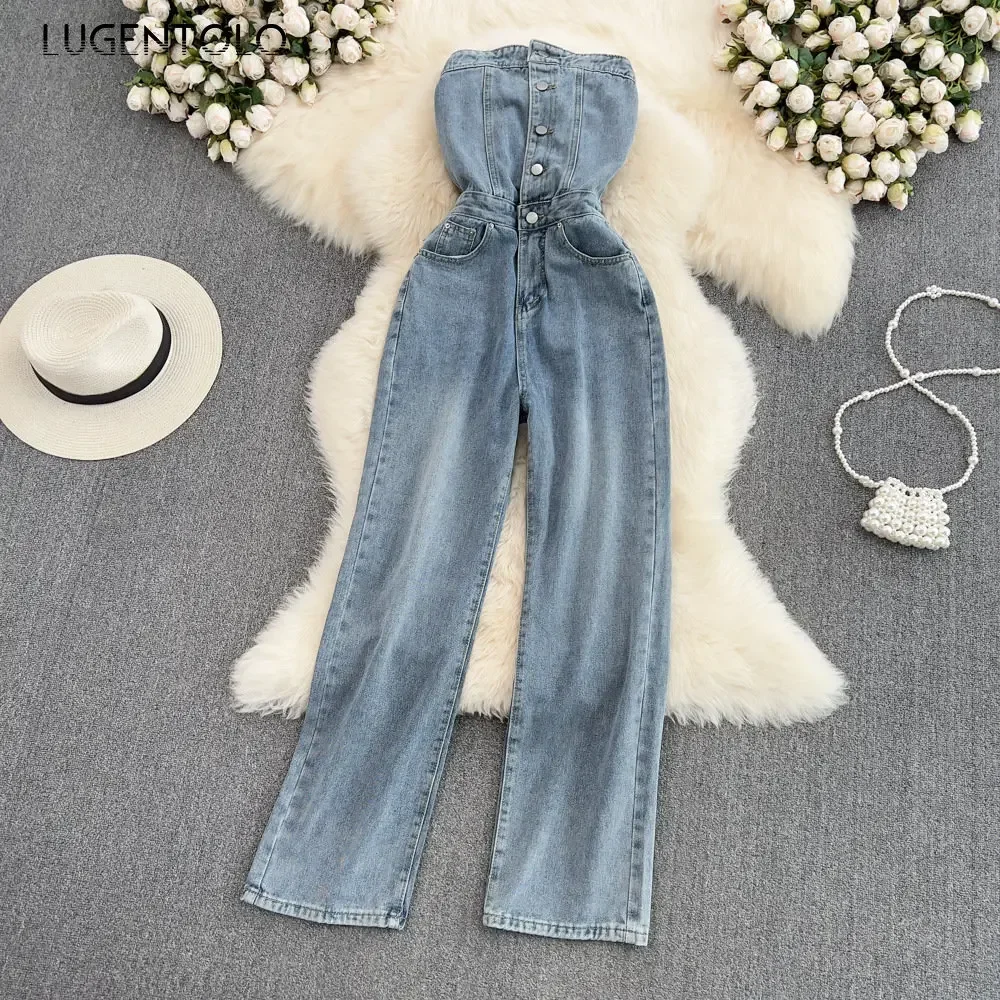 Women Sexy Denim Jumpsuits High Waist Backless Skinny Tube Top Stretch Vintage Single Breasted Straight Wide-leg 2023 Trousers