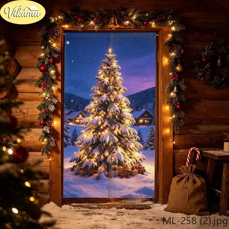 VIKAMA Vintage Christmas Half-Door Curtain, Christmas Tree Gift Box Print Curtain, Privacy Divider Curtain, Home Decor
