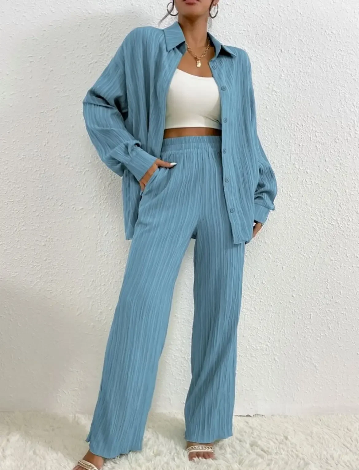 Women Pant Sets Two Piece Turn Down Collar Solid Long Sleeve Single Breasted Pockets Casual Elastic Waist Wide Leg Pleated