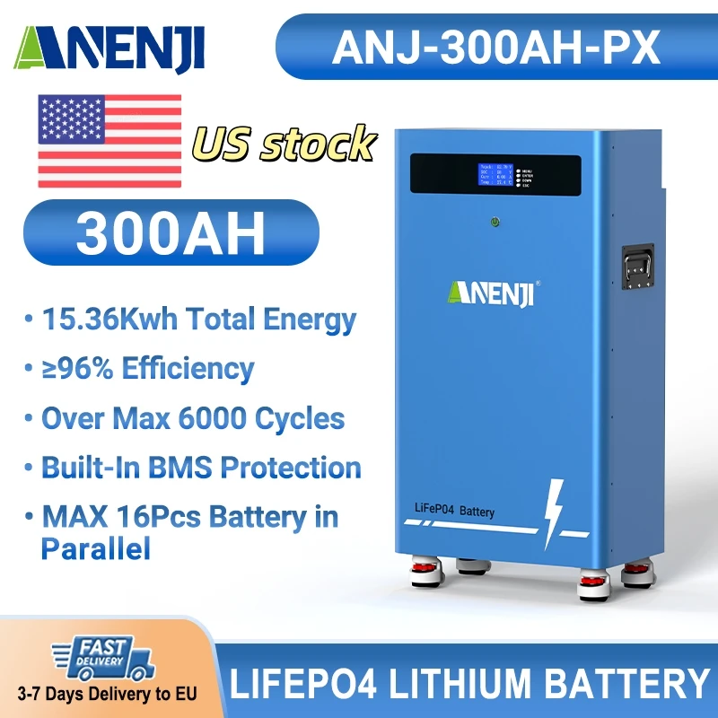 

ANENJI США, литиевая батарея 15,36 кВтч, 51,2 В, 300 Ач, резервная батарея, солнечная батарея для хранения, литиевая солнечная батарея LiFePO4 для дома