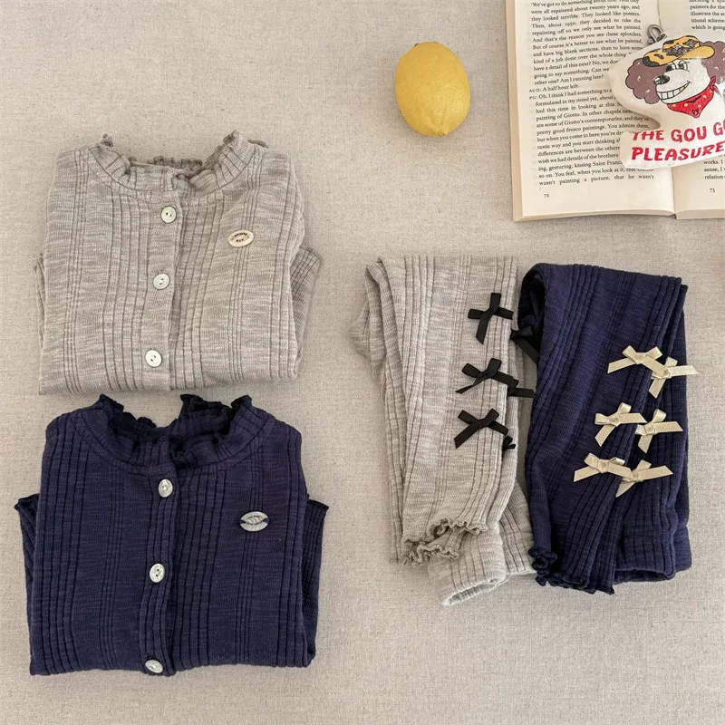 

2025 New Spring Baby Girls Casual Sets Elastic Cardigan Coat Bowknot Leggings 2pcs Korean Style Children Cute Outfits
