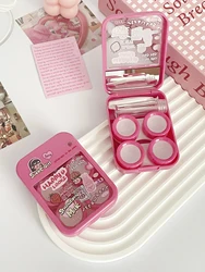 Cute Double Contact Lens Case with Mirror for Girls - Travel Portable Eye Lens Box with Tweezers and Solution Bottle - Pink Cart
