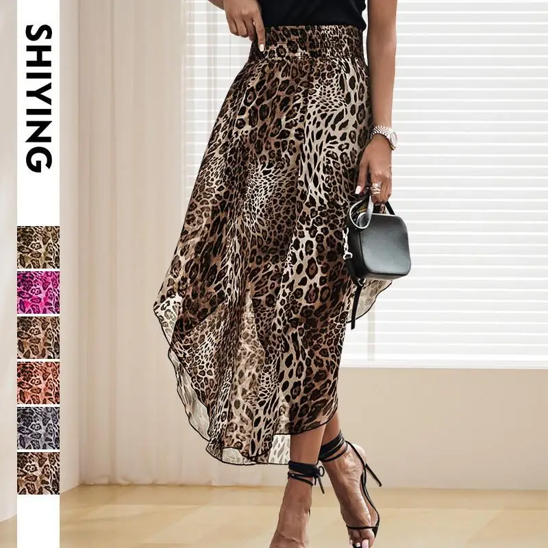 

High Waist Asymmetrical Leopard Print Long Skirt Women's Chiffon f Body Skirt Slimming Autumn New Sle Crossed Pleats