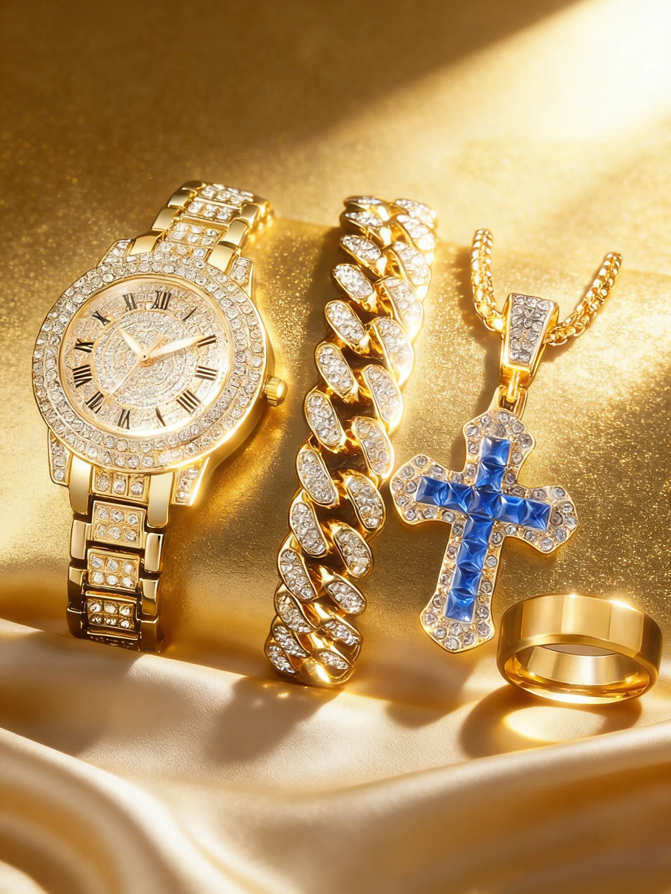 Elegante Reloj de Cuarzo con Carcasa Redonda para Mujer, con Accesorios de Joyería Estilo Hip Hop Cubano, Ideal para Ocasiones Festivas, Idea de Regalo