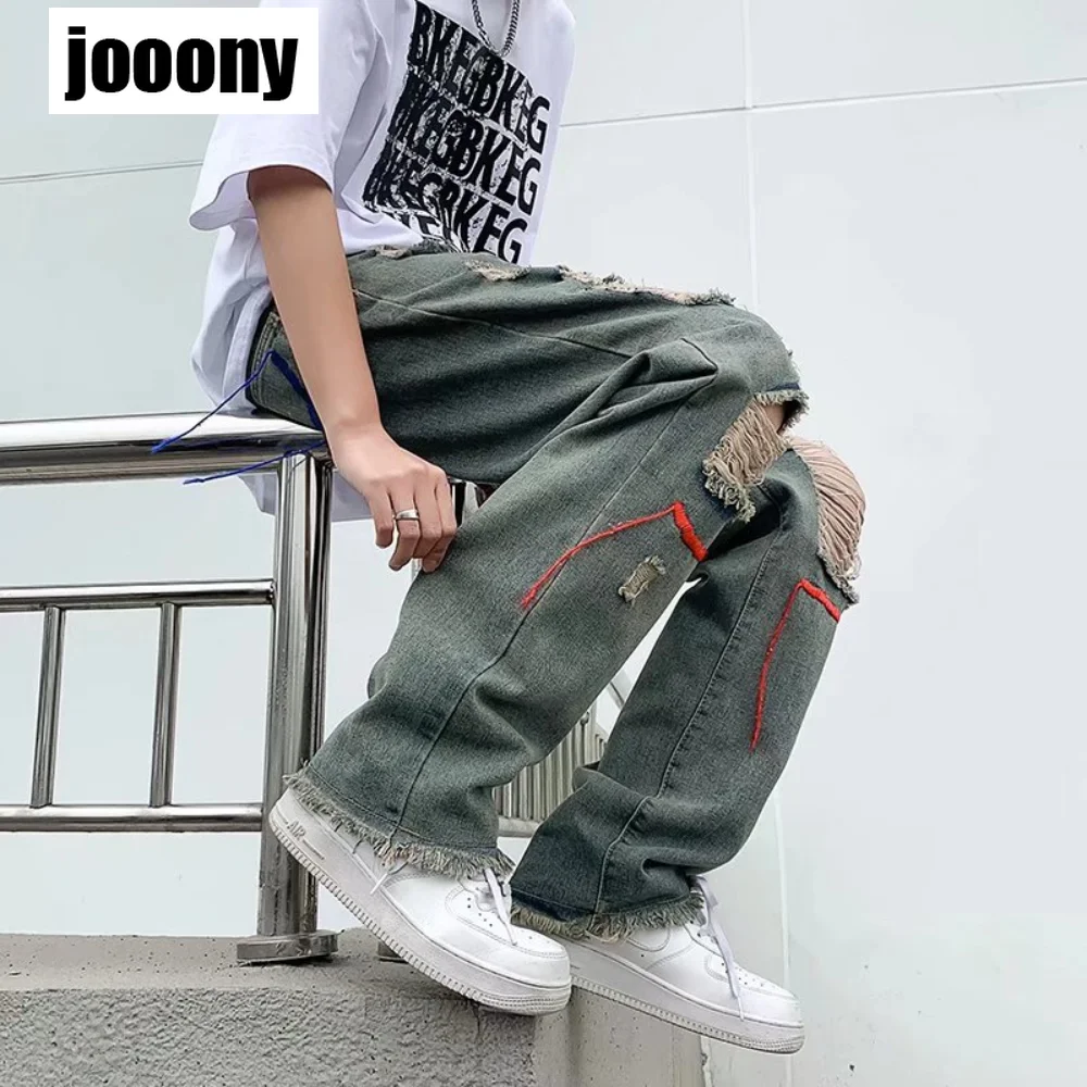 2022 Spring Autumn New Fashion High StreetHiphop Straight Tube Leisure ripped hole Pants trend Washed Wide leg jeans baggy Pants