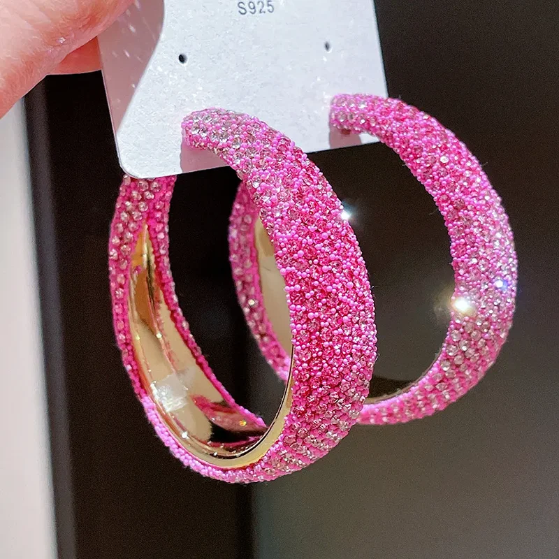 

Exaggerate Shiny Rhinestones Big Hoop Earrings for Women Geometric Round Unique Crystal Earrings Charm Jewelry Accessories Gifts
