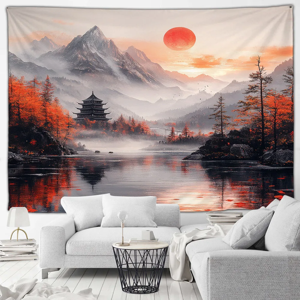 Japanese Landscape Tapestry Pink Cherry Blossom Flowers Misty Mountain Asian Scenery Home Living Room Bedroom Decor Wall Hanging