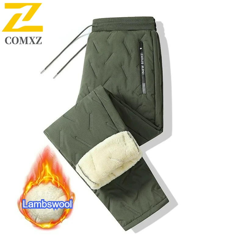 COMXZ Men Autumn Winter Pants Snow Work Cotton-Padded Thermal Sweatpants Fleece Clothing Casual Elastic Waist Thick Trousers Man