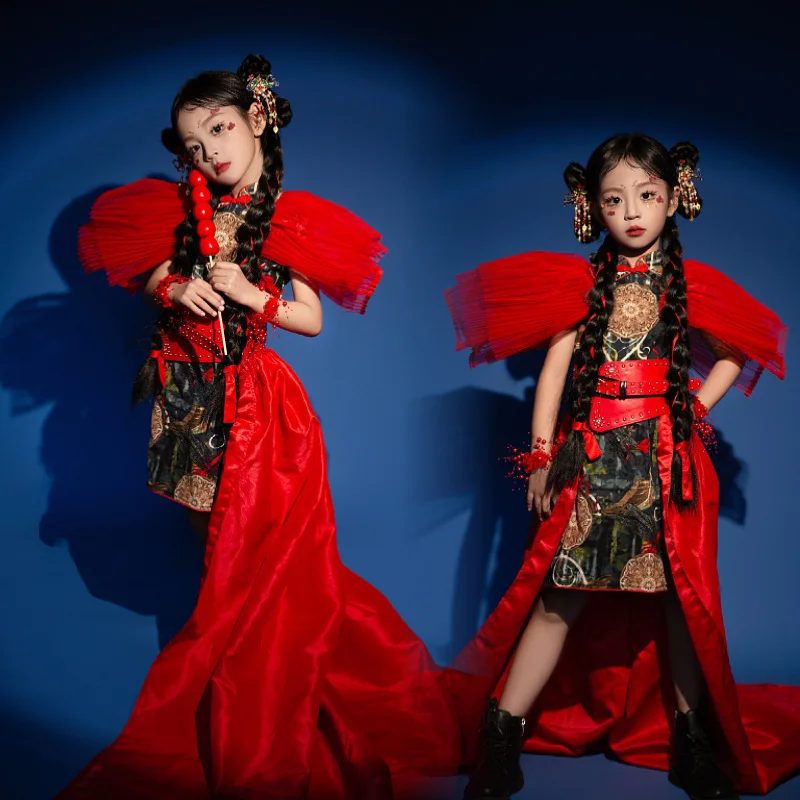 

Guochao Girls Catwalk Trendy Clothes Ethnic Style Chinese Style Girls Model T-stage Chinese Dress Antique Mountain And River