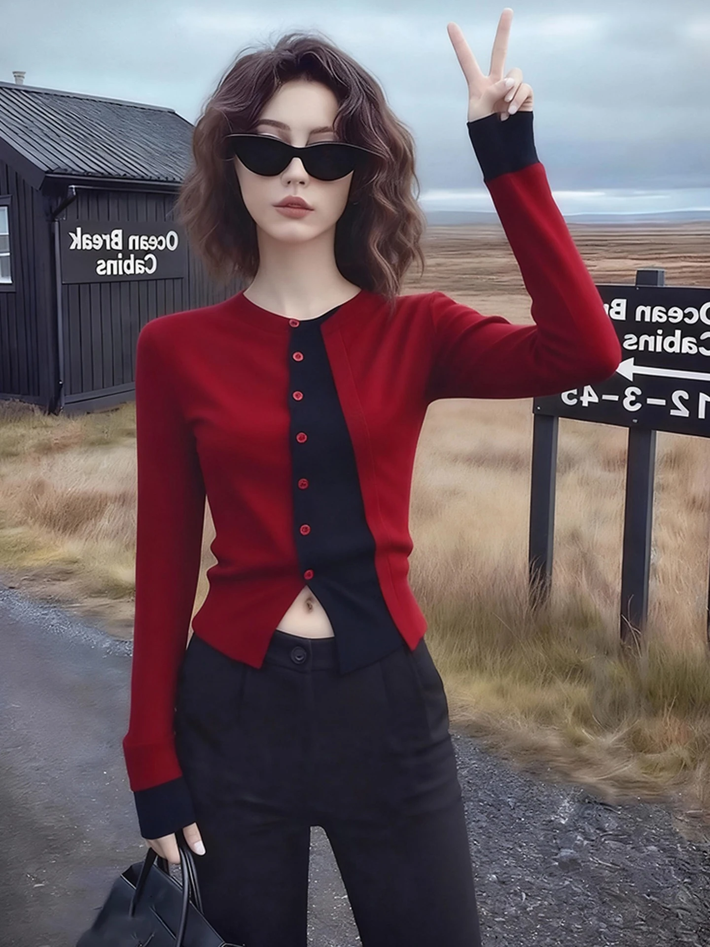 Rouge tricoté longue Sve Base irt bouton unique conception hiver nouvel an Faion coupe ajustée trajet Sle Version coréenne tricots