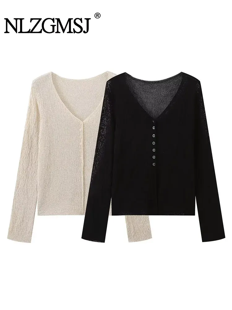 TRAF 2024 autunno Cardigan da donna semplice lavorato a maglia elegante maglione sciolto tinta unita con scollo a v Versatile Cardigan morbido da